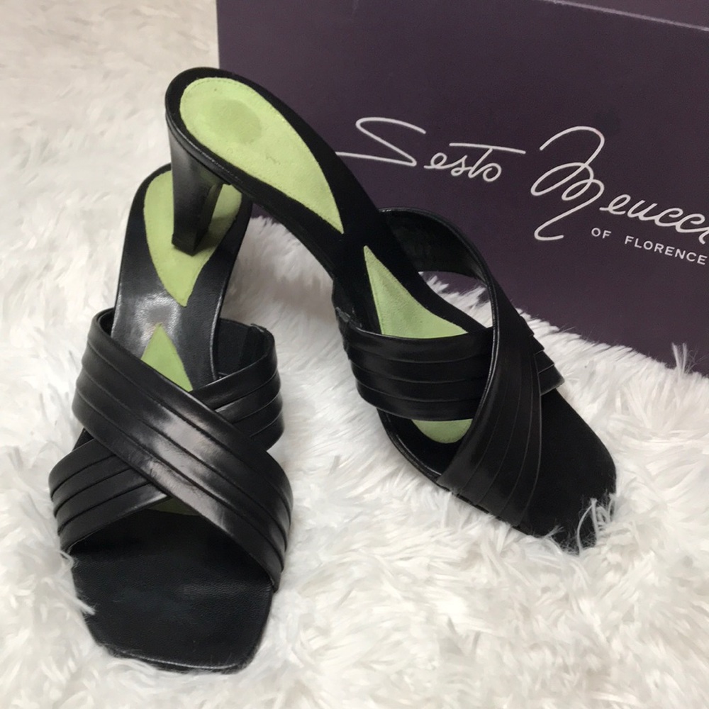 Sesto Meucci Black Leather Crisscross Heels with Lime Insole